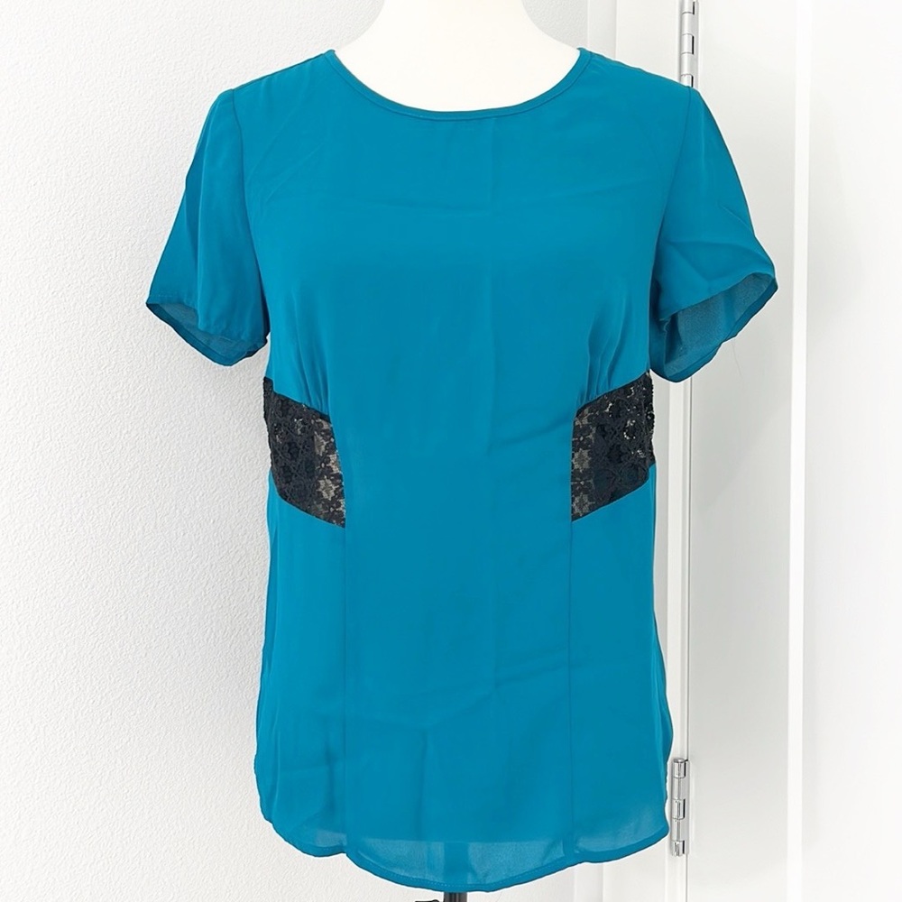 Anthropologie Meadow Rue Small Blue, Black Lace Short Sleeve Blouse